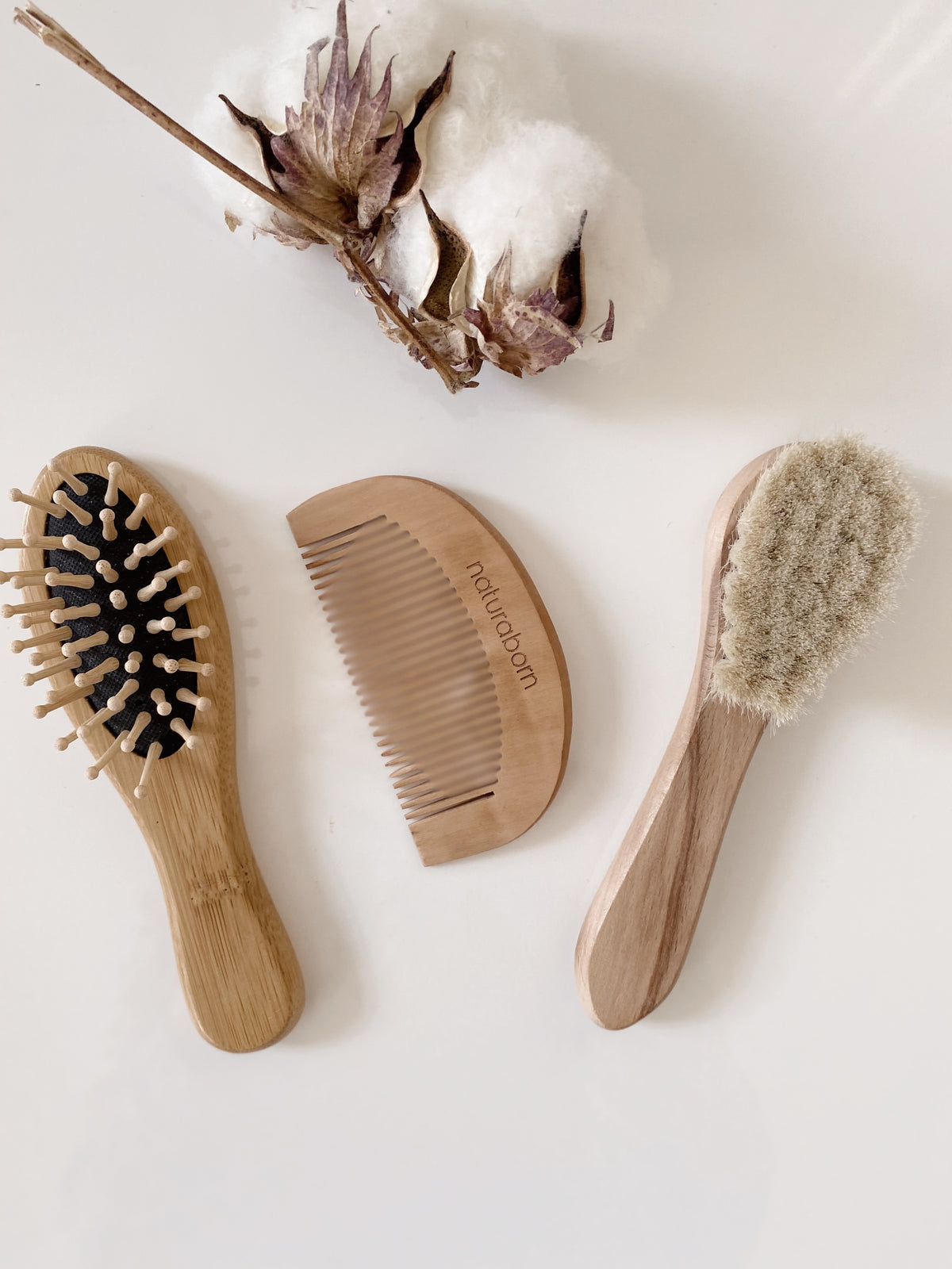 Naturaborn Organik Doğal Keçi Kılı Yumuşak Bebek Konak Saç Fırçası &Bambu Bebek tarağı ve Şimşir Tarak 3'lü Seti